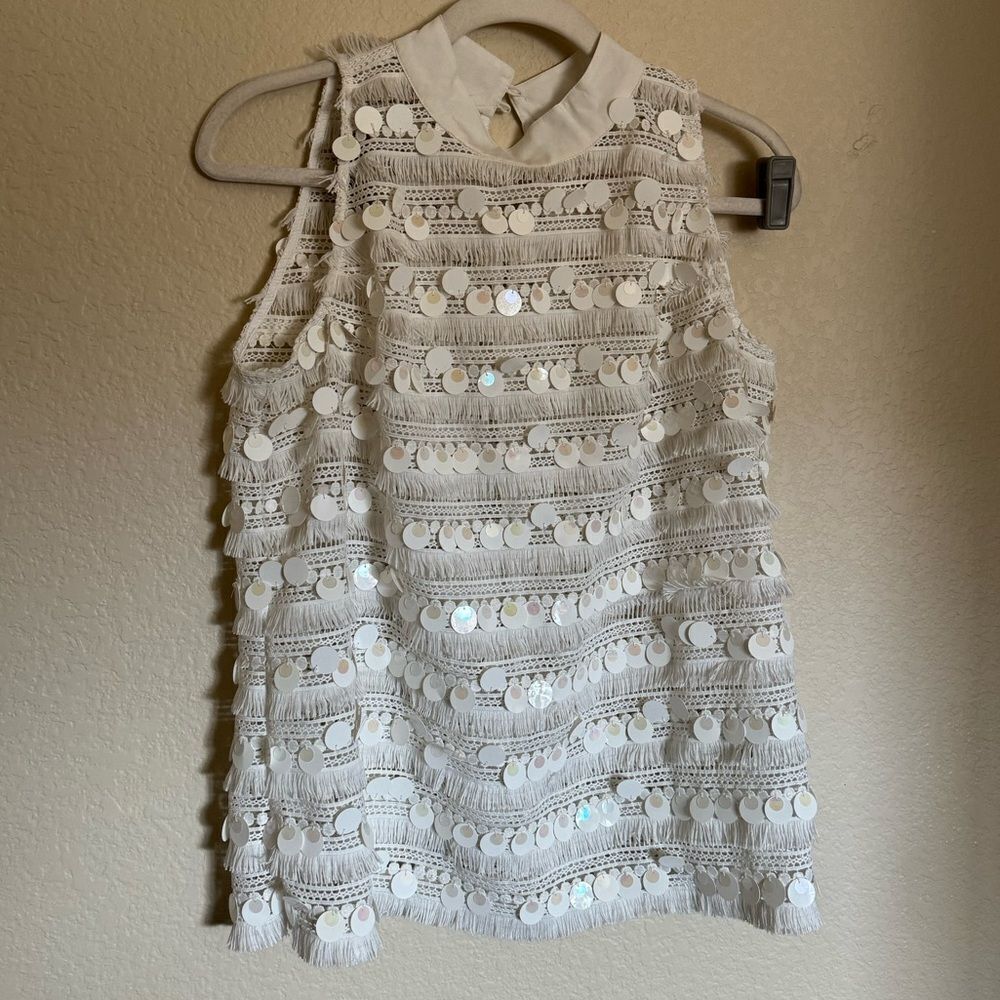 Boston Proper Fringe Sequin Two Piece Skirt Set Sz 10‎ Cream